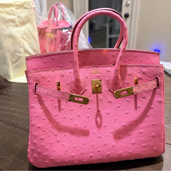 Birkin Style Bag B25 Pink Ostrich Leather Gold Hardware Made in France Purse - Picture 6 of 14